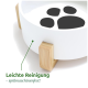Weißer Futternapf für Haustiere mit einem Pfotenabdruckdesign innen, unterstützt von Holzbeinen, mit dem Text "Leichte Reinigung - spülmaschinenfest!".