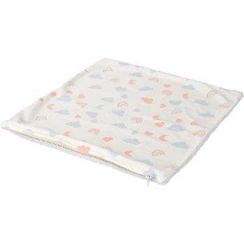 A soft pet blanket featuring a playful pattern of pink hearts, blue clouds, and colorful rainbows on a cream background.