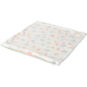 A soft pet blanket featuring a playful pattern of pink hearts, blue clouds, and colorful rainbows on a cream background.