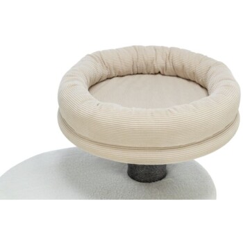 Ein plüschiges, beiges Haustierbett mit einem runden, gepolsterten Rand, das für Komfort entworfen wurde und auf einer stabilen Basis sitzt.