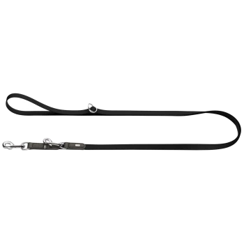 Schwarze Nylon-Hundeleine mit Schlaufenhandgriff, silbernem Drehkarabiner und D-Ring, kleinem Metallmarkenanhänger.