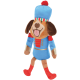 Jouet pour chien en peluche habillé en soldat-jouet bleu avec chapeau rouge à pompon, visage souriant brodé et longues oreilles marron tombantes.