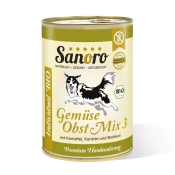 Dose Sanoro Hundefutter mit einer Grafik eines springenden Hundes, beschriftet mit "Gemüse Obst Mix 3" mit Zutaten: Kartoffel, Karotte und Brokkoli.