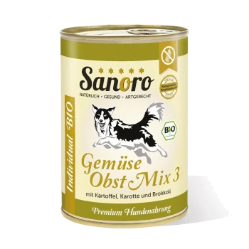 Dose Sanoro Hundefutter mit einer Grafik eines springenden Hundes, beschriftet mit "Gemüse Obst Mix 3" mit Zutaten: Kartoffel, Karotte und Brokkoli.