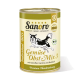 Dose Sanoro Hundefutter mit einer Grafik eines springenden Hundes, beschriftet mit "Gemüse Obst Mix 3" mit Zutaten: Kartoffel, Karotte und Brokkoli.