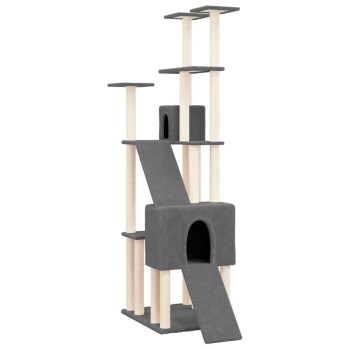 Ein hoher, moderner Katzenbaum mit mehreren Ebenen, grauem Stoffbezug und Holzpfosten, mit einem gemütlichen Versteck und einer Rampe.