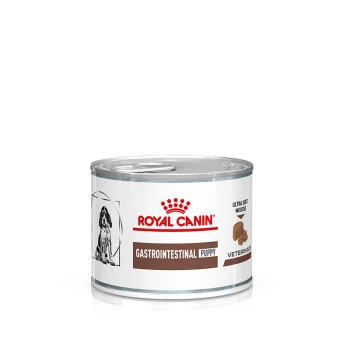 Royal Canin Gastrointestinal Welpen-Dosenfutter, mit einer weichen Mousse-Textur, mit einem veterinärmedizinischen Etikett und einem Hundebild.