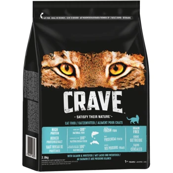 Zwarte kattenvoer zak met een close-up van een kattengezicht, gelabeld 'CRAVE' met tekst die 'Hoog Eiwit,' 'Graan Vrij,' en '100% Natuurlijk Vis' benadrukt.