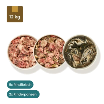 Haustierfutterauslage mit zwei 2 kg Beuteln Rindermuskelfleisch und zwei Schalen Rinderpansen, beschriftet "5 x Rindermuskel Fleisch" und "2 x Rinderpansen."