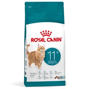 Royal Canin 11+ senior cat food bag with an orange tabby cat and icons for health benefits and easy-to-eat kibbles.