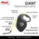 Czarna i żółta smycz dla psa Flexi Giant 8m z neonową taśmą, ergonomiczną rączką, systemem blokującym i opcjami rozmiarów M, L, XL.