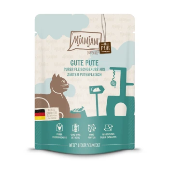 Nassfutter Katze Adult, Quetschie Purer Fleischgenuss 6x300 g Pute Mjamjam Haustierfutterbeutel mit einer Katzenillustration, beschriftet mit "GUTE PUTE" und Text über reines Putenfleisch sowie Qualitätssicherungssymbole.