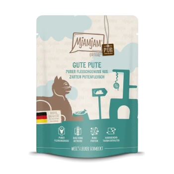 Mjamjam huisdierenvoeding zakje met een kattenillustratie, gelabeld 'GUTE PUTE' met tekst over puur kalkoenvlees en kwaliteitskeurmerken.