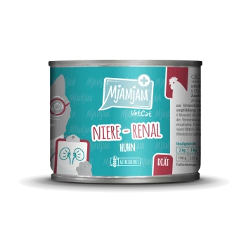 Mjamjam VetCat Dosenkatzenfutter, beschriftet 'Niere-Renal Huhn', mit einem türkisfarbenen Hintergrund, einer Katzengrafik und Ernährungsinformationen.
