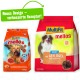 Zwei Beutel MultiFit Mellos Hundesnacks: einer "Low Fat" mit einem kleinen Hund, der andere "Adult mit Geflügel und Karotten", mit einem grünen Banner.