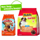 Deux sacs de friandises pour chiens MultiFit Mellos : l'un "Faible en Graisse" avec un petit chien, l'autre "Adulte avec Volaille et Carottes", avec une bannière verte.