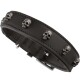 Schwarzes Lederhalsband für Hunde, verziert mit metallischen Totenkopf-Nieten, das ein stilvolles und kantiges Design zeigt.