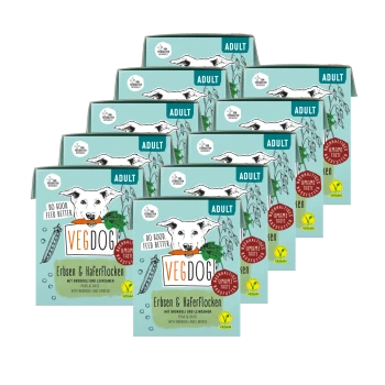 Verpackung für veganes Hundefutter mit einem Cartoon-Hund, der eine Karotte hält, beschriftet mit "VEGDOG Erbsen & Haferflocken" mit Erbsen, Hafer, Brokkoli und Leinsamen.