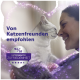 Lächelnde Frau, Nase an Nase mit grauer Katze vor lila Funkeln; Text 'Von Katzenfreunden empfohlen' und Abzeichen '9,1/10'.