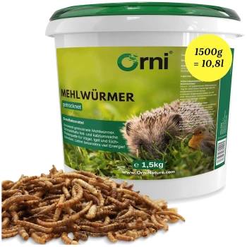 Orni-Eimer mit getrockneten Mehlwürmern (Mehlwürmer getrocknet) 1,5 kg, Igel-Label, Haufen getrockneter Mehlwürmer, gelbes Siegel „1500 g = 10,8 l“.