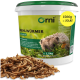 Orni-Eimer mit getrockneten Mehlwürmern (Mehlwürmer getrocknet) 1,5 kg, Igel-Label, Haufen getrockneter Mehlwürmer, gelbes Siegel „1500 g = 10,8 l“.