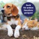Ein Beagle und eine schlafende orangefarbene Tabbykatze ruhen sich auf einer Steinoberfläche aus, mit einem kreisförmigen Textüberlagerung, der besagt "Auch für andere Haustiere geeignet."