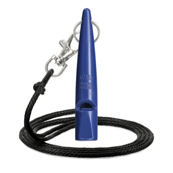 Blaue ACME Hundepfeife mit schwarzem Halsband und Metallclip, hergestellt in England.