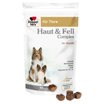 Beutel 'Doppelherz Haut & Fell Complex für Hunde' — Haut- und Fell-Kautabletten, zwei Hunde abgebildet und herzförmige Kautabletten, '60 Chews'.