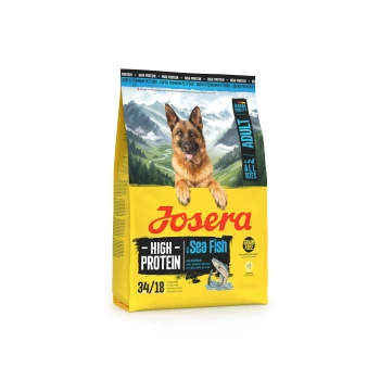 Josera High Protein Sea Fish Hundefutter für erwachsene Hunde mit Deutschem Schäferhund und Bergkulisse, getreidefreie Formel.