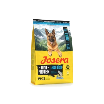Josera High Protein Sea Fish Hundefutter für erwachsene Hunde mit Deutschem Schäferhund und Bergkulisse, getreidefreie Formel.