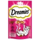 Rosa Verpackung von Dreamies Katzenleckerlis mit einer verspielten Katze und einer Kuh, mit Text, der den Rindfleischgeschmack und die ernährungsphysiologischen Vorteile hervorhebt.