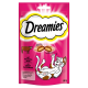 Rosa Verpackung von Dreamies Katzenleckerlis mit einer verspielten Katze und einer Kuh, mit Text, der den Rindfleischgeschmack und die ernährungsphysiologischen Vorteile hervorhebt.