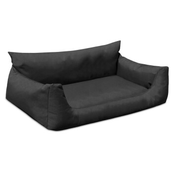 Schwarzes Haustierbett mit gepolstertem Boden und erhöhten Seiten, entworfen für Komfort und Unterstützung.