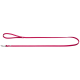Eine leuchtend pinke Hundeleine mit einem Schlaufenhandgriff und einem Metallclip am Ende, auf weißem Hintergrund präsentiert.