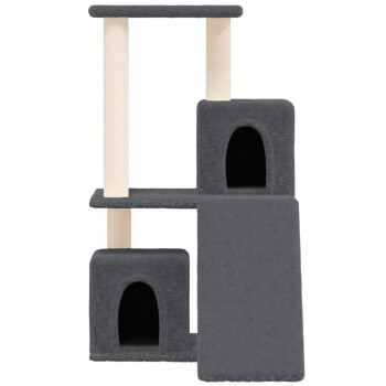 Grauer Katzenbaum mit zwei Ebenen, zwei geschlossenen Fächern und einer Rampe, entworfen zum Klettern und Ausruhen.