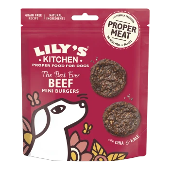 Lily's Kitchen dog food packaging for "The Best Ever Beef Mini Burgers," featuring a dog, butterflies, and natural ingredients.