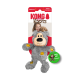 KONG Wild Knots graues Plüsch-Hundespielzeug mit Flicken-Bärendesign, grünes Etikett 'FEEL ME! / TOUCHEZ!' an der KONG-Verpackung (QUIETSCHT).