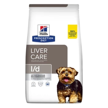 Hill's Prescription Diet Leberpflege Hundefuttertüte mit einem kleinen Hund auf der Vorderseite, beschriftet mit "LIVER CARE" und "1/d", mit einer Zufriedenheitsgarantie.