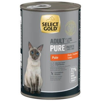 Select Gold Adult Pure Truthahn Pasteten-Katzenfutterdose mit Bild einer Siamkatze und 72 % Truthahnanteil.