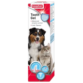 Beaphar Tooth Gel packaging shows a dog and cat, promoting enzyme action, liver flavor, and anti-plaque/tartar benefits.