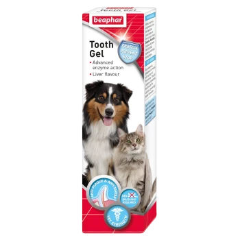 Beaphar Tooth Gel packaging shows a dog and cat, promoting enzyme action, liver flavor, and anti-plaque/tartar benefits.