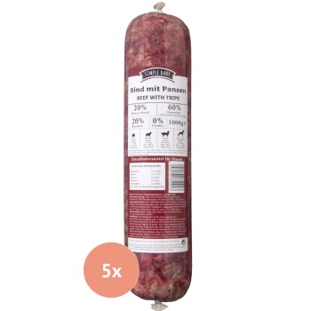 Hundefutterrolle mit Rindfleisch und Pansen, beschriftet "Simple Bark", zeigt 20% Fleisch, 60% Innereien und ein Gewicht von 1000g, mit einem "5x"-Abzeichen.