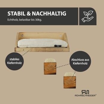Holz-Haustierbett mit weichem Kissen, aus stabilem Kiefernholz, belastbar bis 30 kg, beschriftet mit „Stabil & Nachhaltig“ von Rohrschneider.
