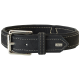 Schwarzes Hundehalsband mit silberner Schnalle und weißen Nähten, mit einem kleinen 'HUNTER' Logoanhänger.