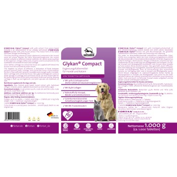 Fortan Glykan® Compact Ergänzung für Haustiere, mit einem Golden Retriever und einer Katze, fördert die Gelenkgesundheit mit grünlippigen Muscheln und Kollagen.