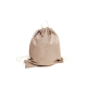 Hellbraune Kordelzugtasche mit einem zusammengezogenen oberen Teil und weißen Riemen, geeignet zum Tragen von Haustierbedarf.