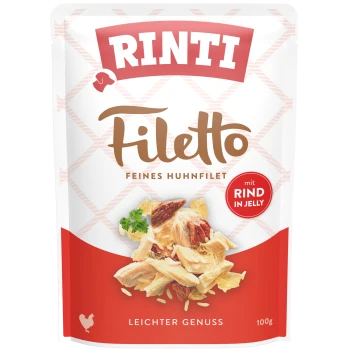Rinti Filetto Haustierfutterbeutel mit feinem Hühnerfilet mit Rind in Gelee, 100g, beschriftet mit "leichter Genuss" und garniert mit Petersilie.