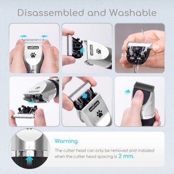 Bild zeigt einen Haustierpflegeclipper, der zerlegt und gewaschen wird, mit Anweisungen zur richtigen Verwendung und einer Warnung über den Abstand des Schneidkopfes.