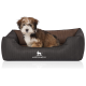 Flauschiger braun-weißer Welpe sitzt in einem schwarzen Hundebett mit weißem Hunde-Logo und dem Schriftzug 'KNUFFELWUFF'