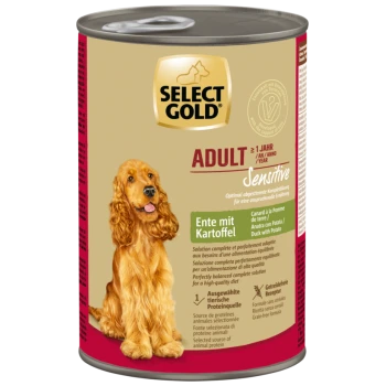 Select Gold Adult Sensitive Hundefutterdose mit Enten- und Kartoffelgeschmack, mit Golden-Retriever-Bild und getreidefreier Formel.